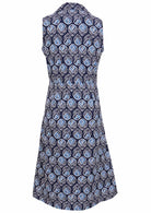 Back view of 100% cotton midi length, sleeveless collared dress with pockets, a-line skirt and button through front