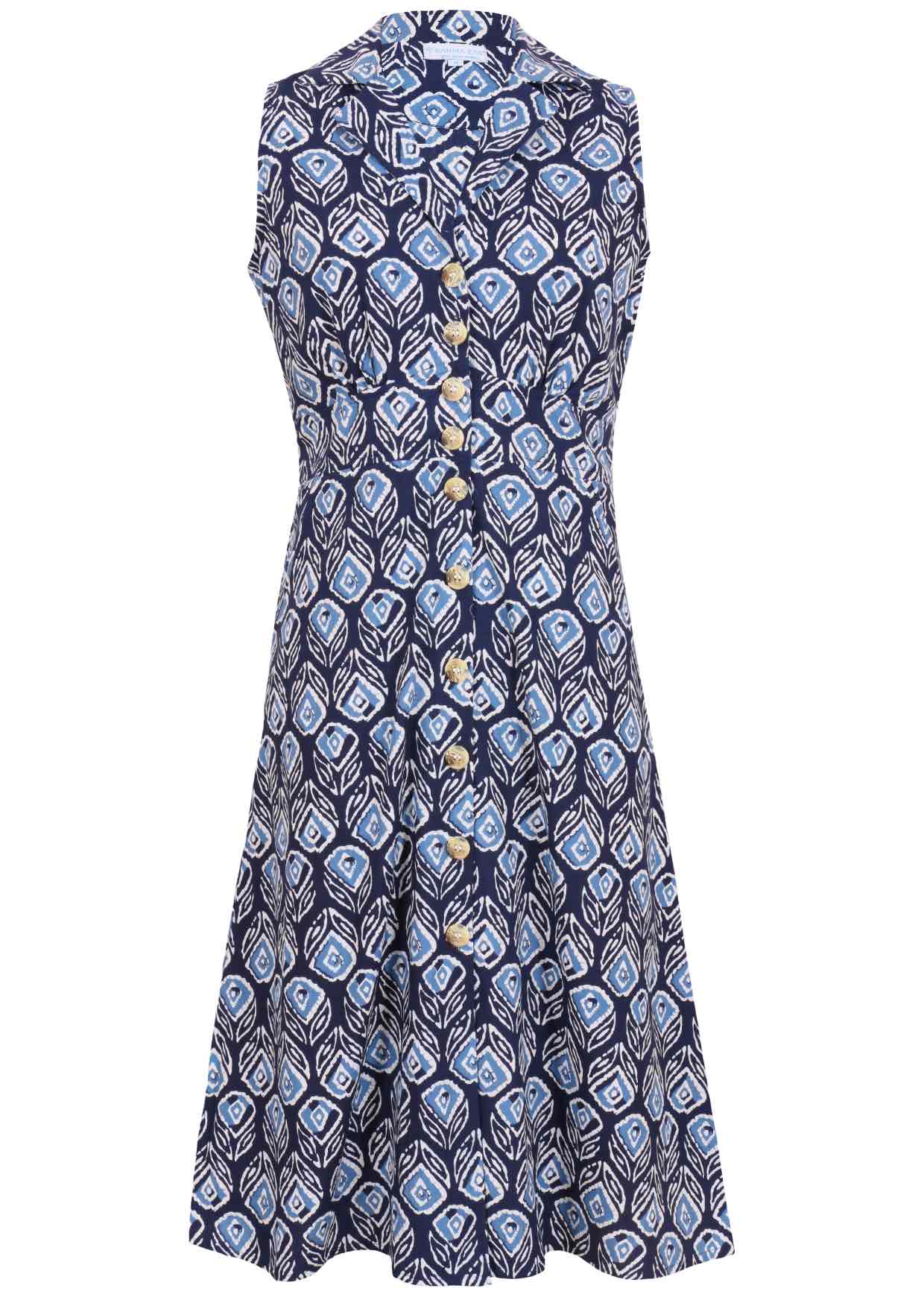 100% cotton sleeveless midi length, button through dress with collar and pockets in navy blue based floral print