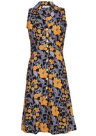 100% cotton sleeveless midi length, button through dress with collar and pockets in black based retro yellow and grey floral print