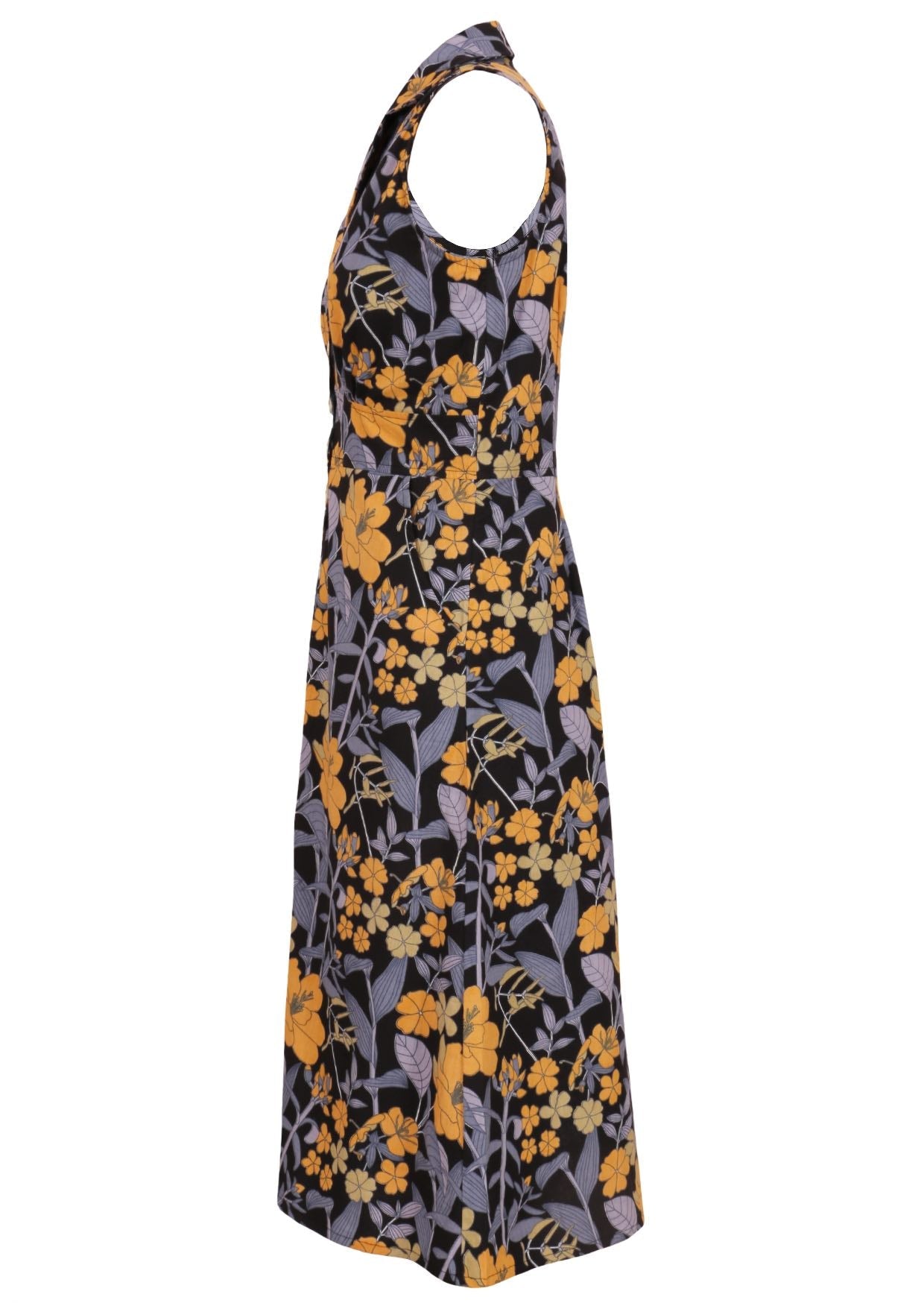 Sleeveless cotton, collared dress with button through front, pockets and gathers under the bust in retro floral nightshade print