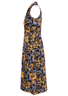 Sleeveless cotton, collared dress with button through front, pockets and gathers under the bust in retro floral nightshade print