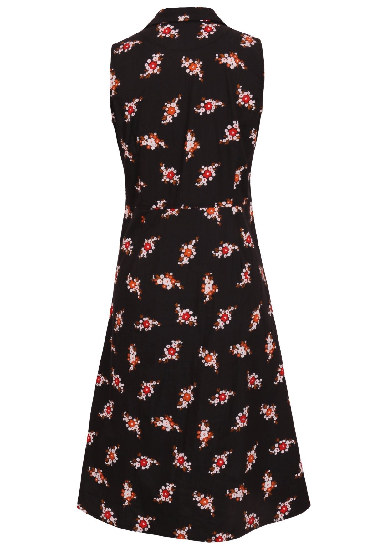 Back view of 100% cotton midi length, sleeveless collared dress with pockets, a-line skirt and button through front