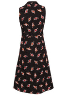 Back view of 100% cotton midi length, sleeveless collared dress with pockets, a-line skirt and button through front