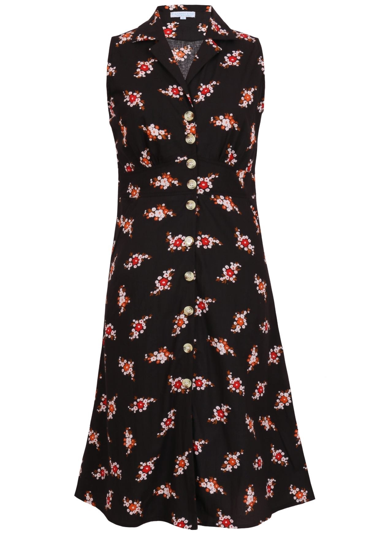 100% cotton sleeveless midi length, button through dress with collar and pockets in black based floral print