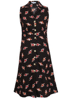 100% cotton sleeveless midi length, button through dress with collar and pockets in black based floral print