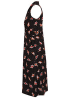 Sleeveless cotton, collared dress with button through front, pockets and gathers under the bust in black based floral print