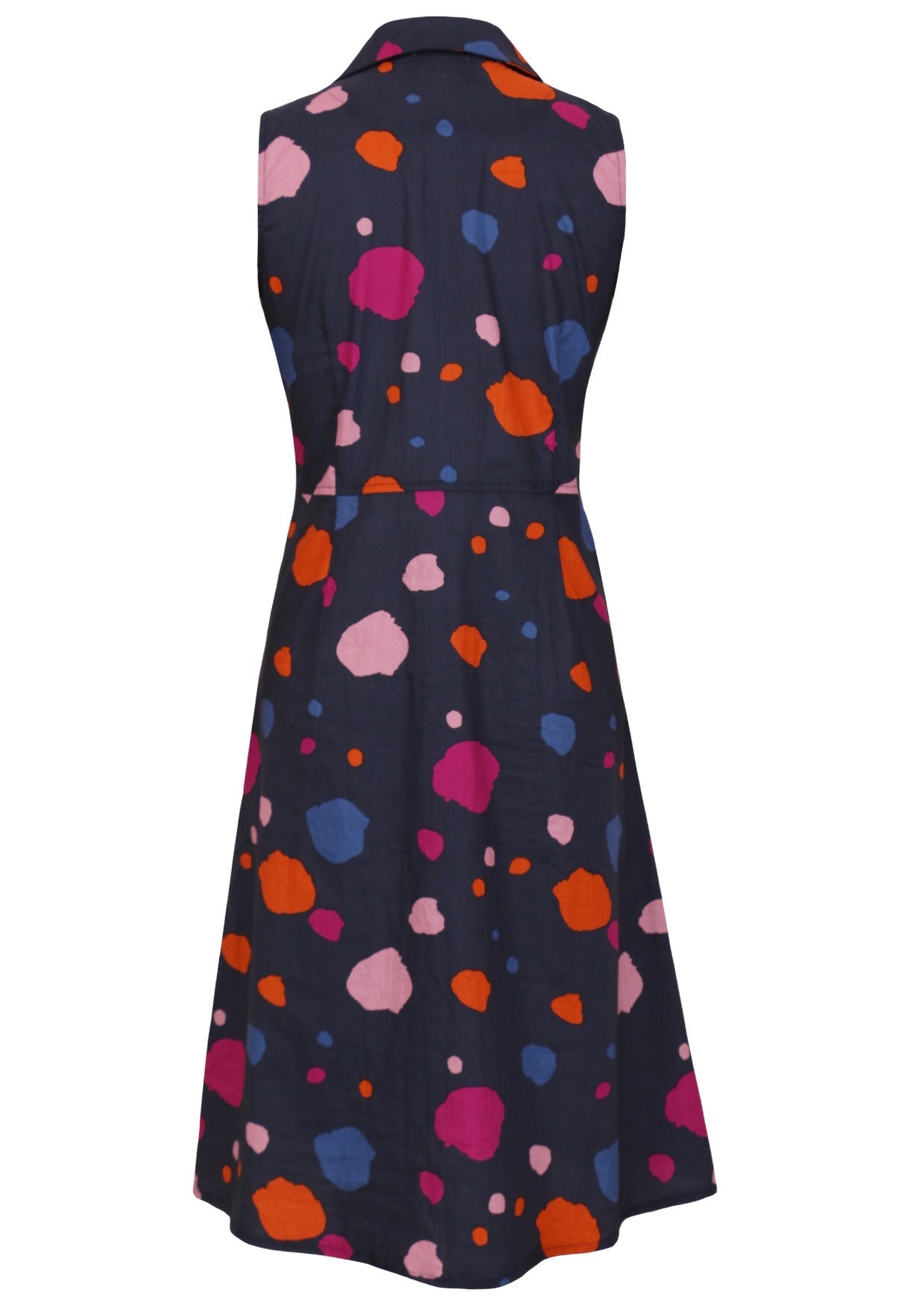 Sleeveless dress with colorful polka dot pattern on navy blue base.