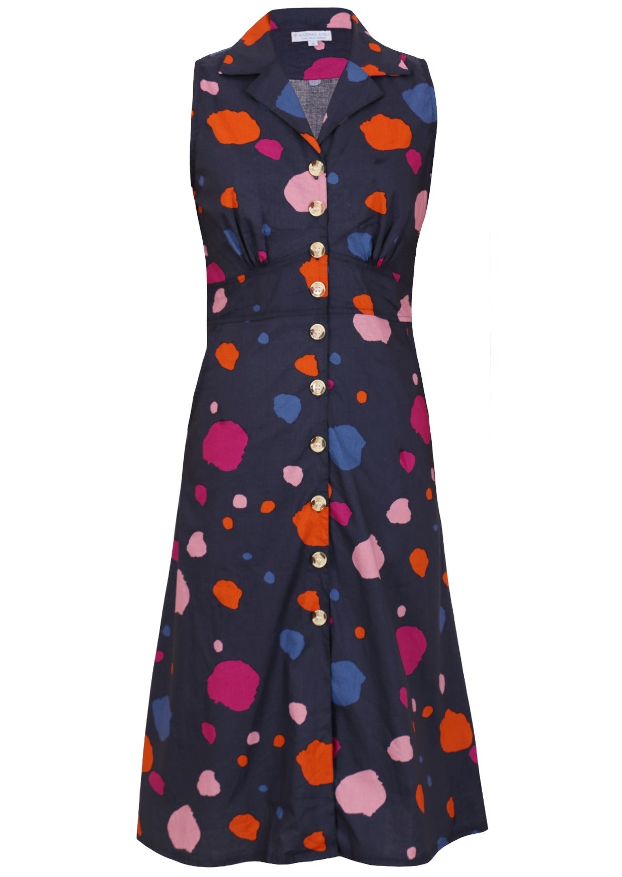 Sleeveless, button through dress with collar, gathers under the bust and pockets in navy based colorful spot print