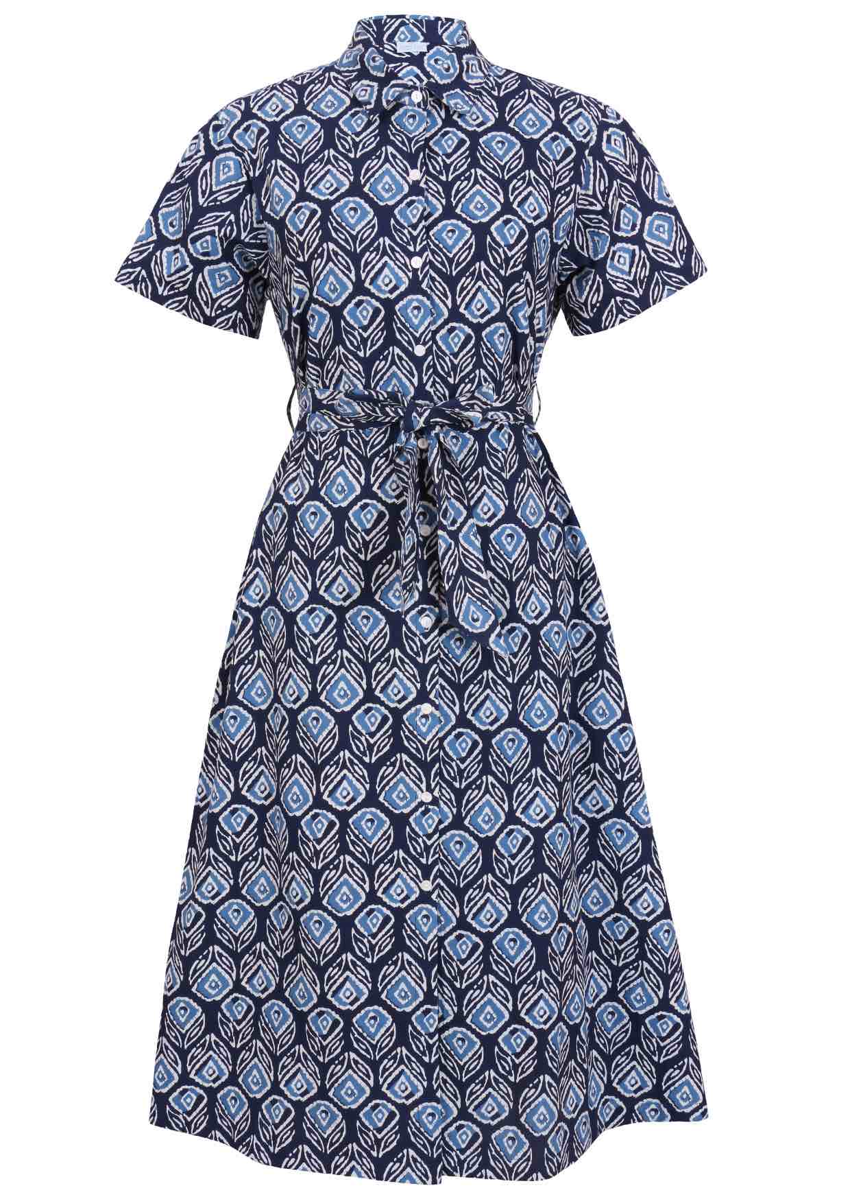 Button through shirt style cotton dress with collar, short sleeves and fabric waist tie 