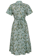 Floral button through shirt style cotton dress with collar, short sleeves and fabric waist tie 