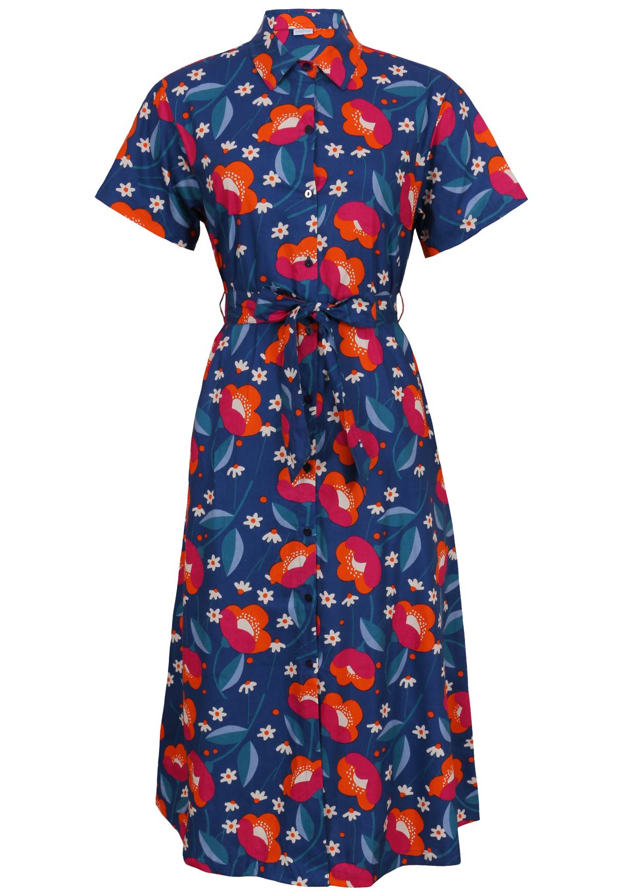 Button through shirt style cotton dress with collar, short sleeves and fabric waist tie 