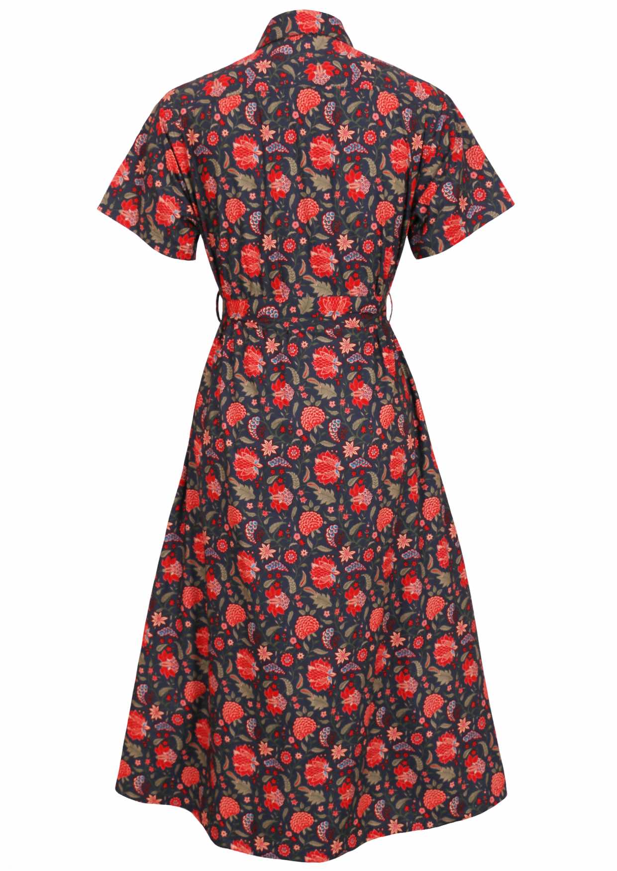 100% cotton shirt style dress with short sleeves in bright red floral print on navy blue base.