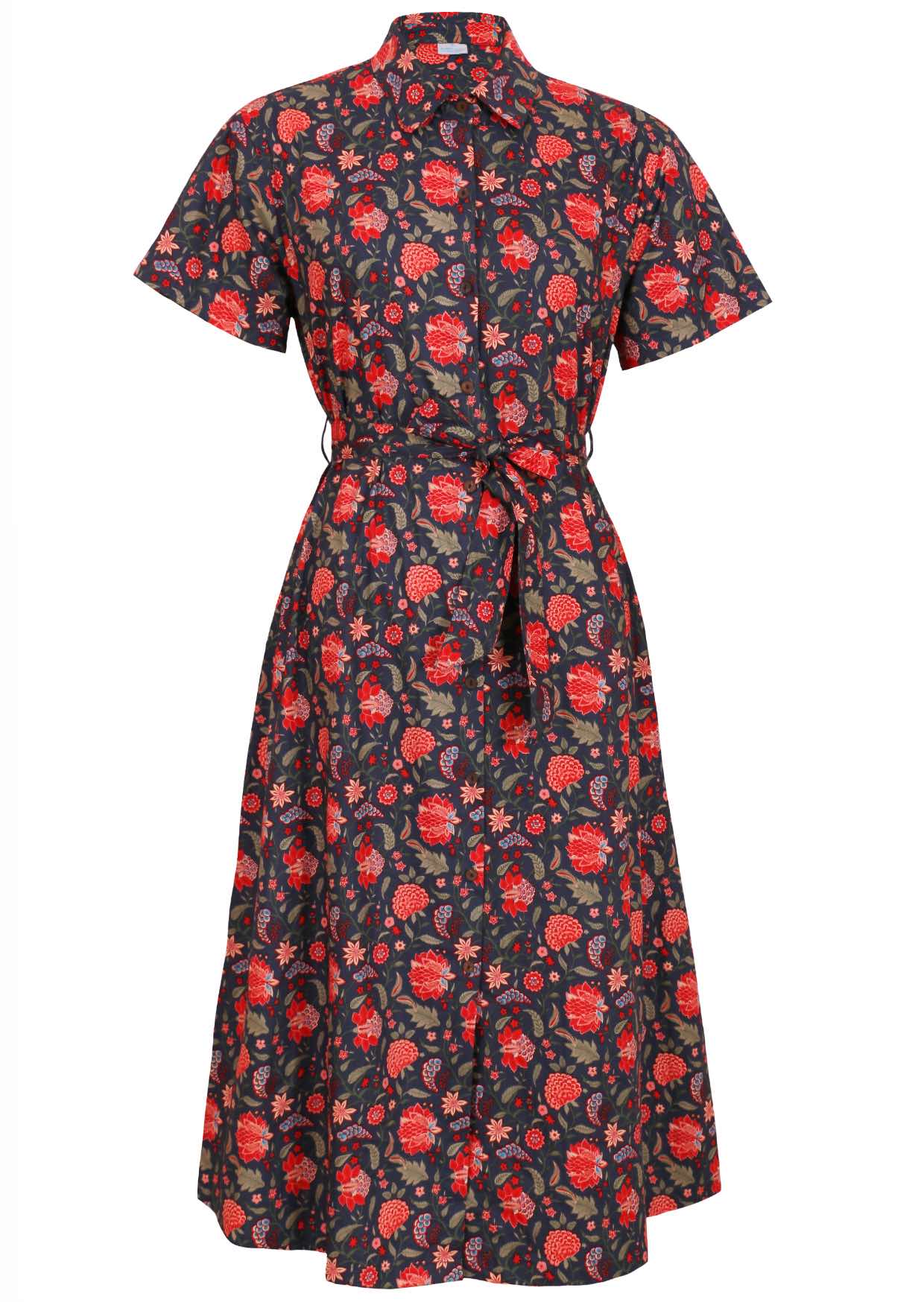 100% cotton button through shirt dress with collar, short sleeves and wide removable waist tie.
