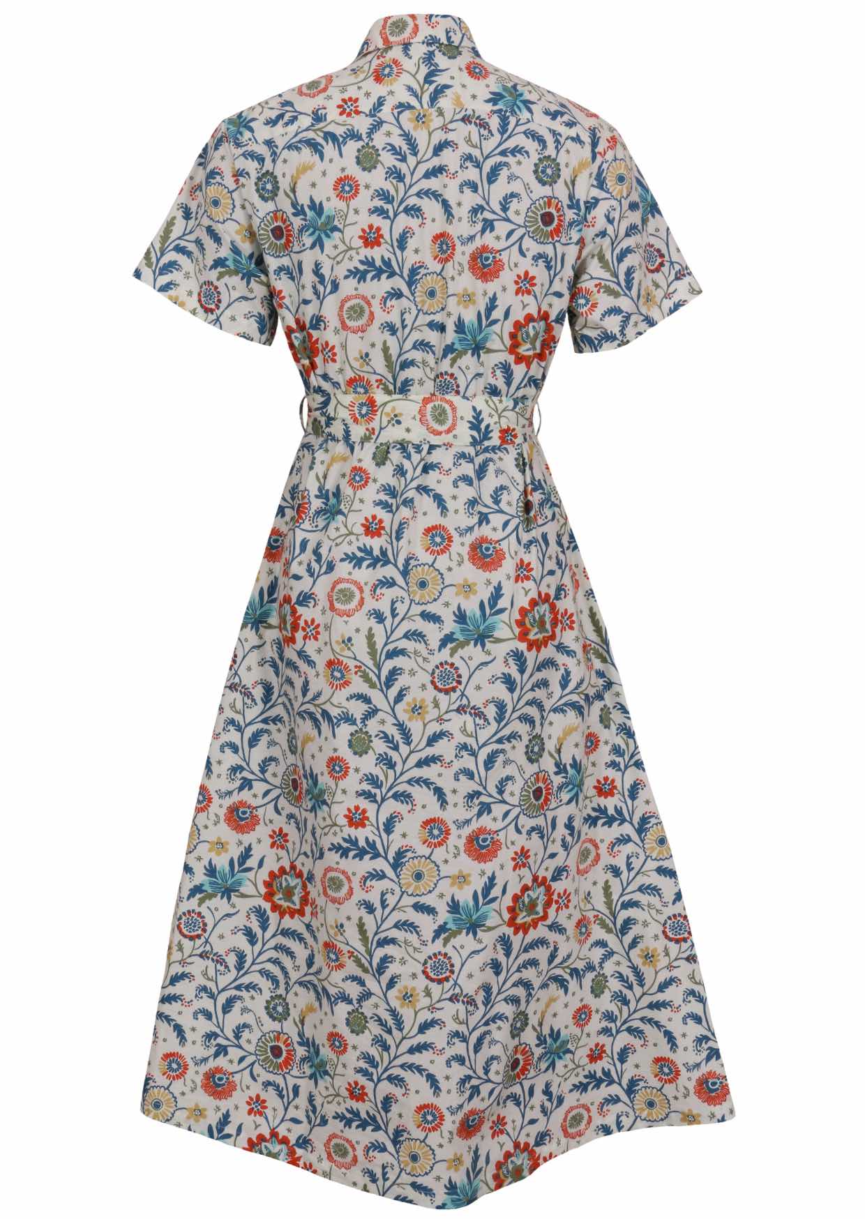 Button through cotton shirt dress with short sleeves, pockets and structured collar