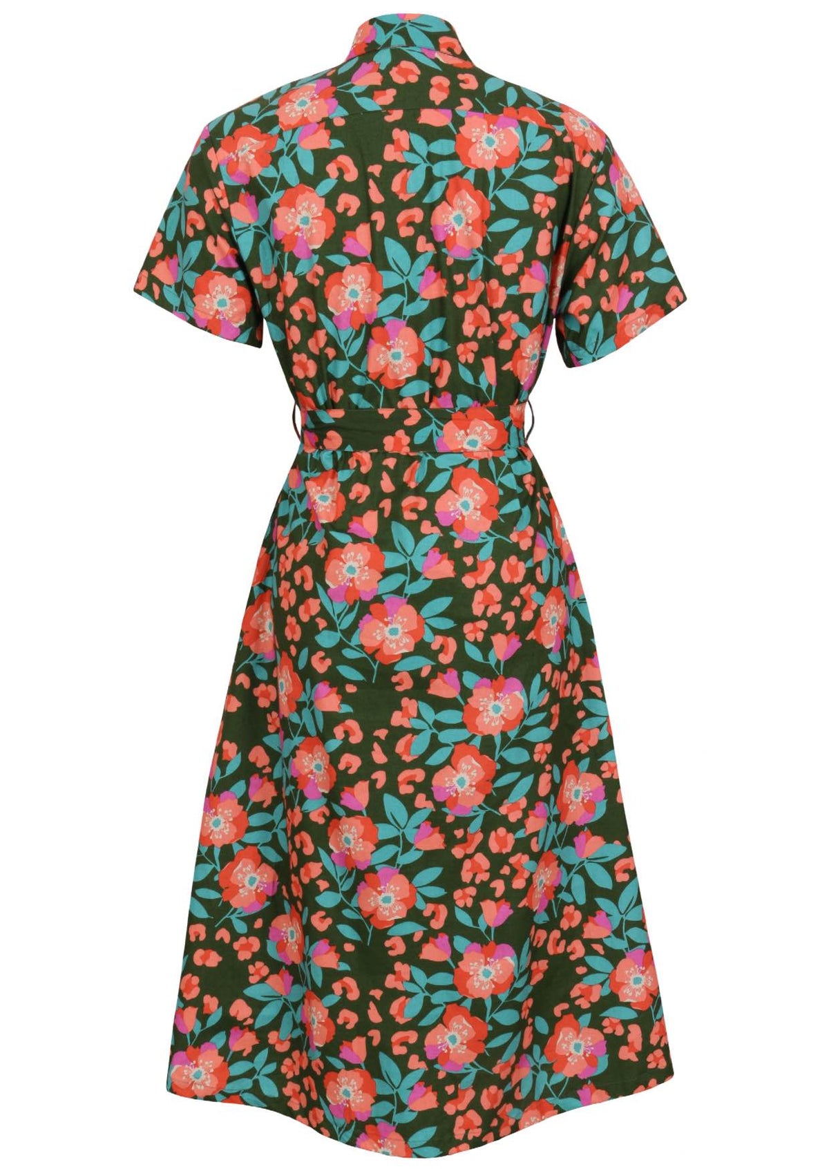 Button through cotton shirt dress with short sleeves, pockets and structured collar