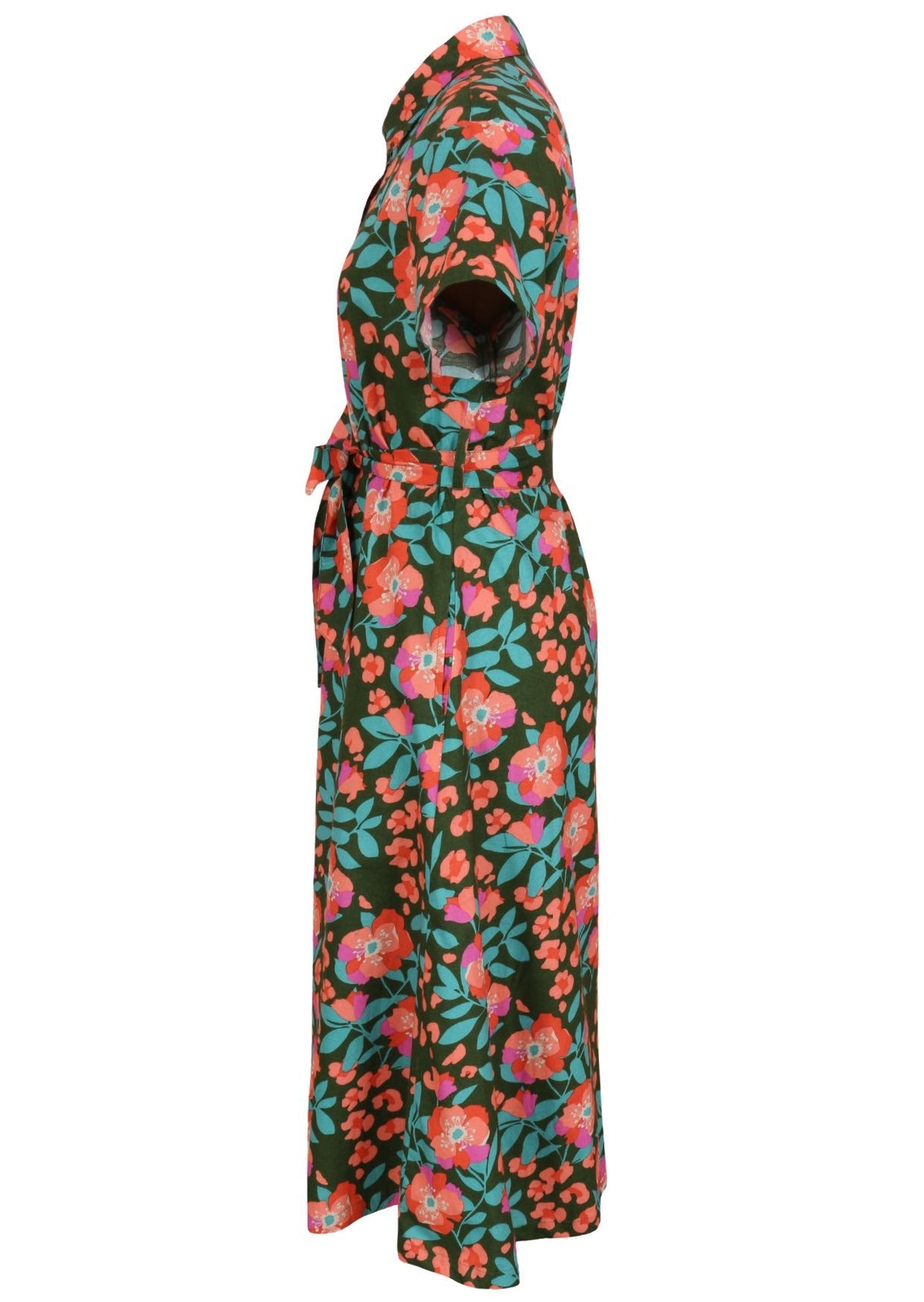 100% cotton shirt style maxi dress with removable fabric waist tie and side pockets in olive green based floral print