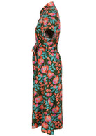 100% cotton shirt style maxi dress with removable fabric waist tie and side pockets in olive green based floral print