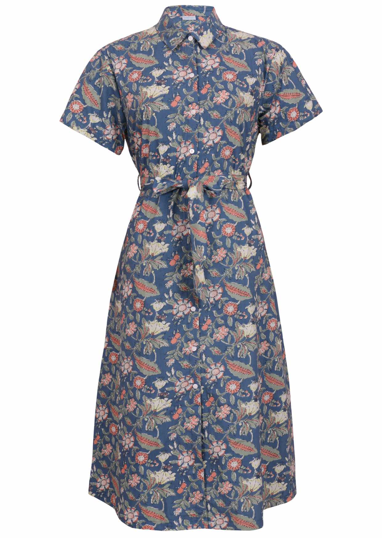 Button through shirt style cotton maxi dress with collar, short sleeves and removable fabric waist tie 