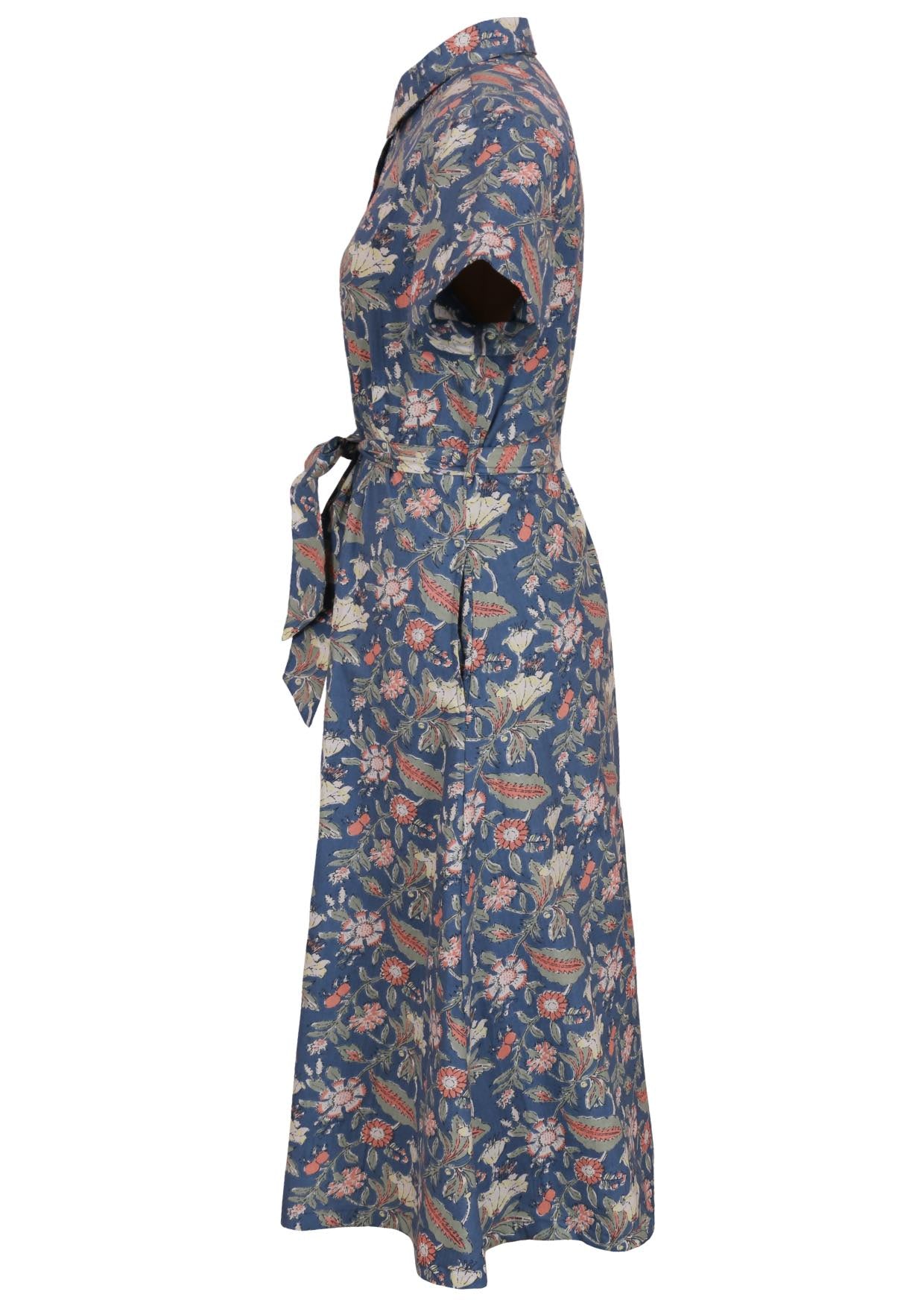 100% cotton button through shirt dress with fabric waist tie and hidden side pockets in dusty blue based sweet floral print