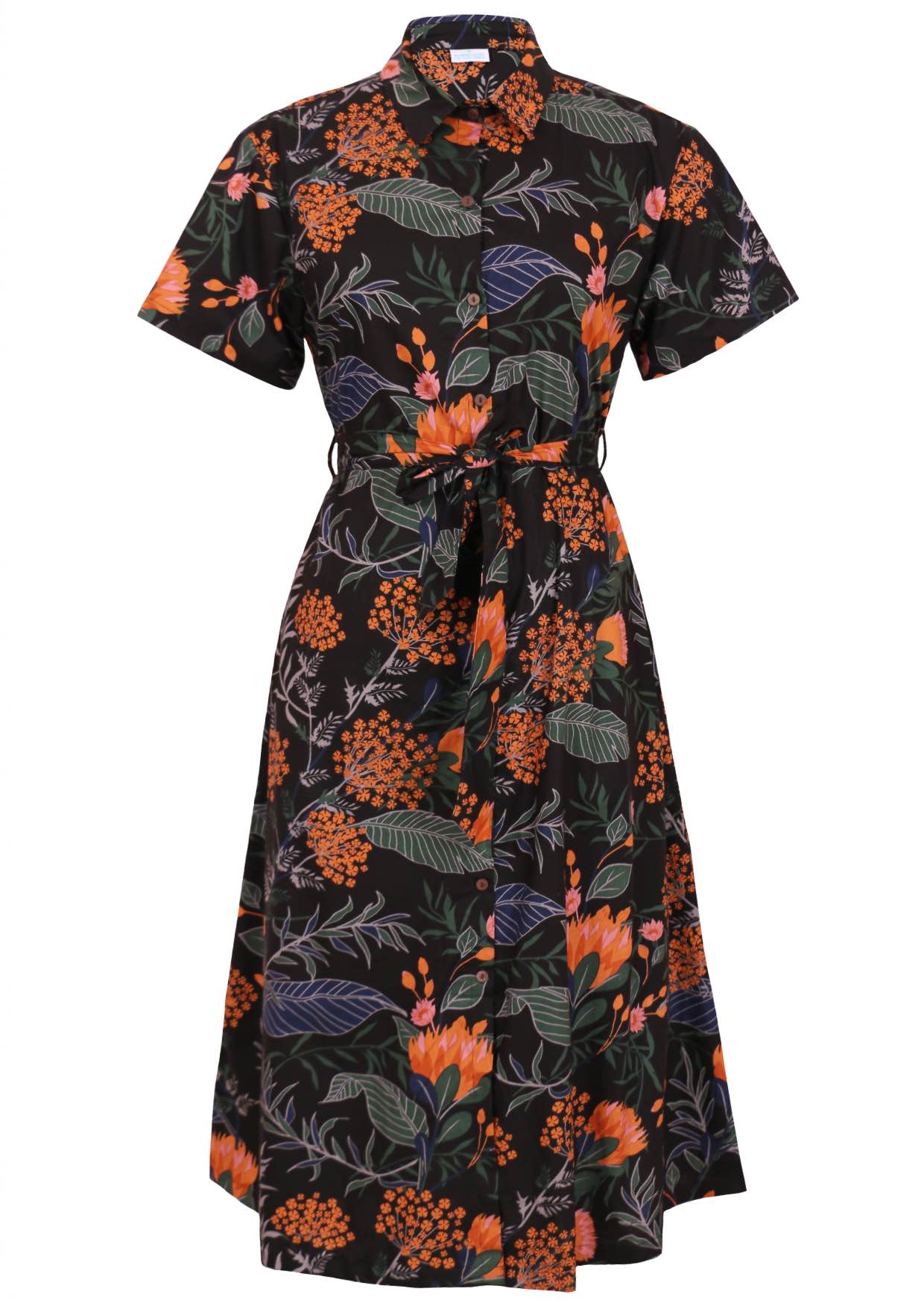 Floral button through shirt style cotton dress with collar, short sleeves and fabric waist tie 