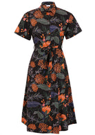 Floral button through shirt style cotton dress with collar, short sleeves and fabric waist tie 