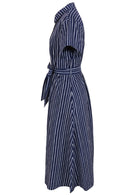 100% cotton shirt style maxi dress with removable fabric waist tie and side pockets in a navy blue based print