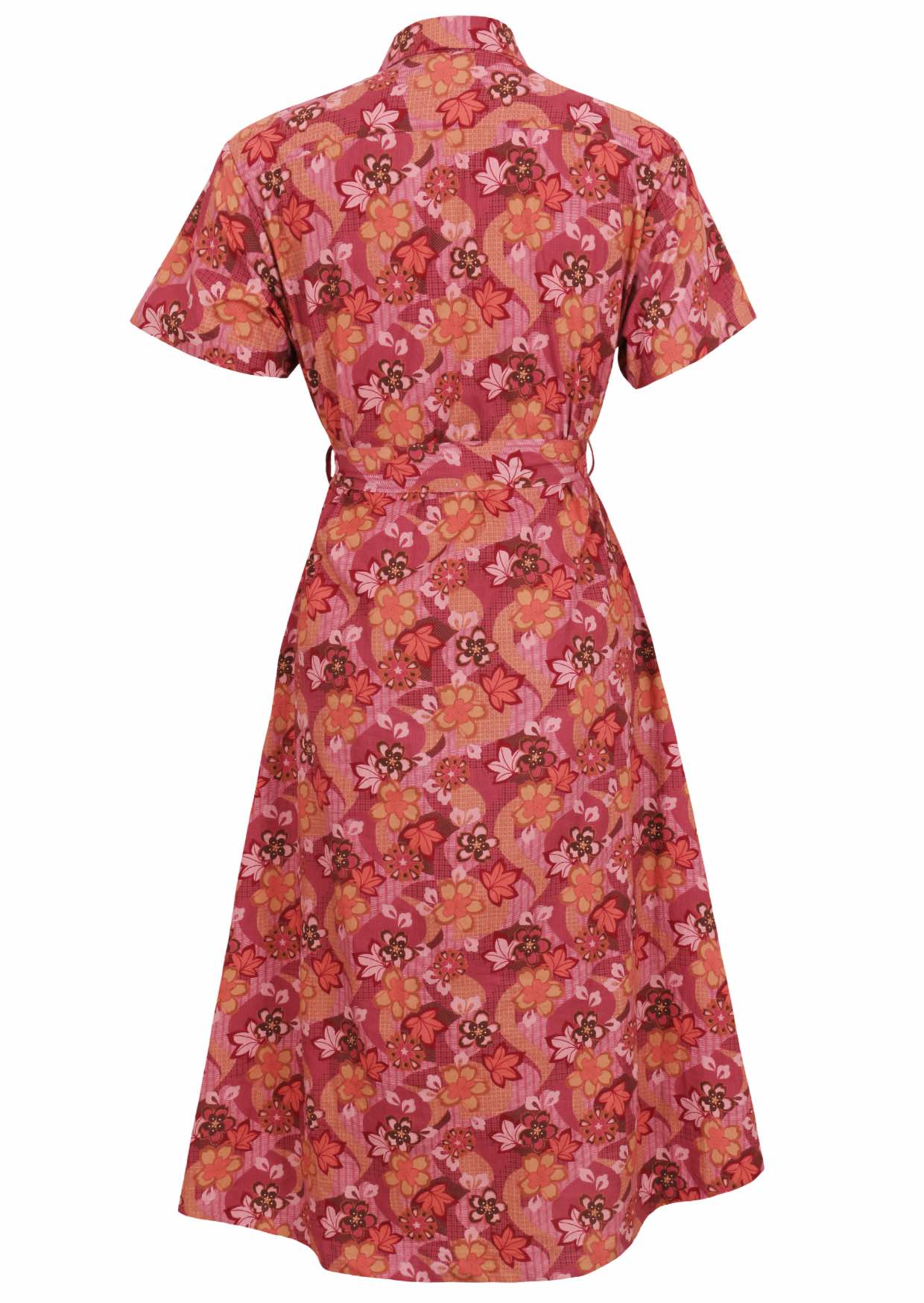 Warm-toned Japanese-style print cotton dress in pink, maroon, brown, peach, and khaki with a removable waist tie.
