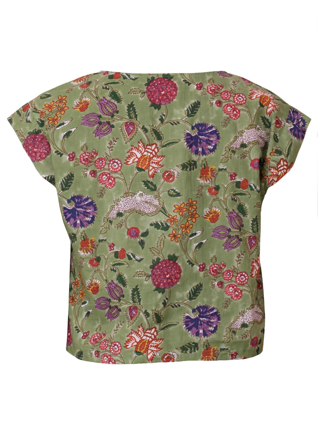 Green based multi-coloured folk style floral print cotton top with cap sleeves.