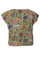 Green based multi-coloured folk style floral print cotton top with cap sleeves.