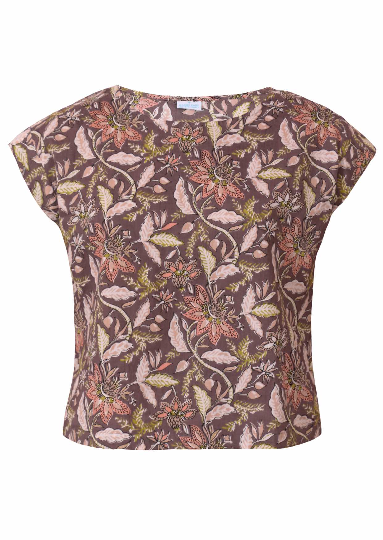 Relaxed fit cap sleeved cotton top with high round neckline in light brown based floral print
