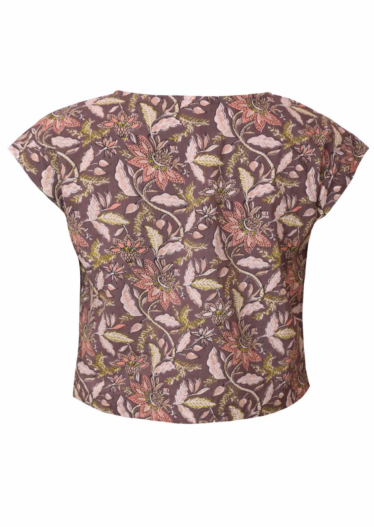 Cotton relaxed fit cap sleeved top in taupe based delicate floral print