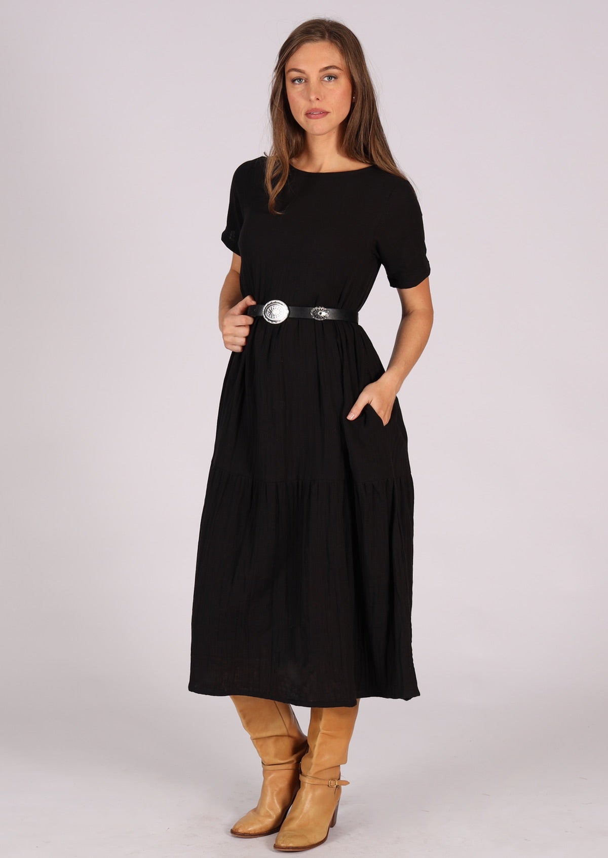 Cotton gauze dress with high round neckline