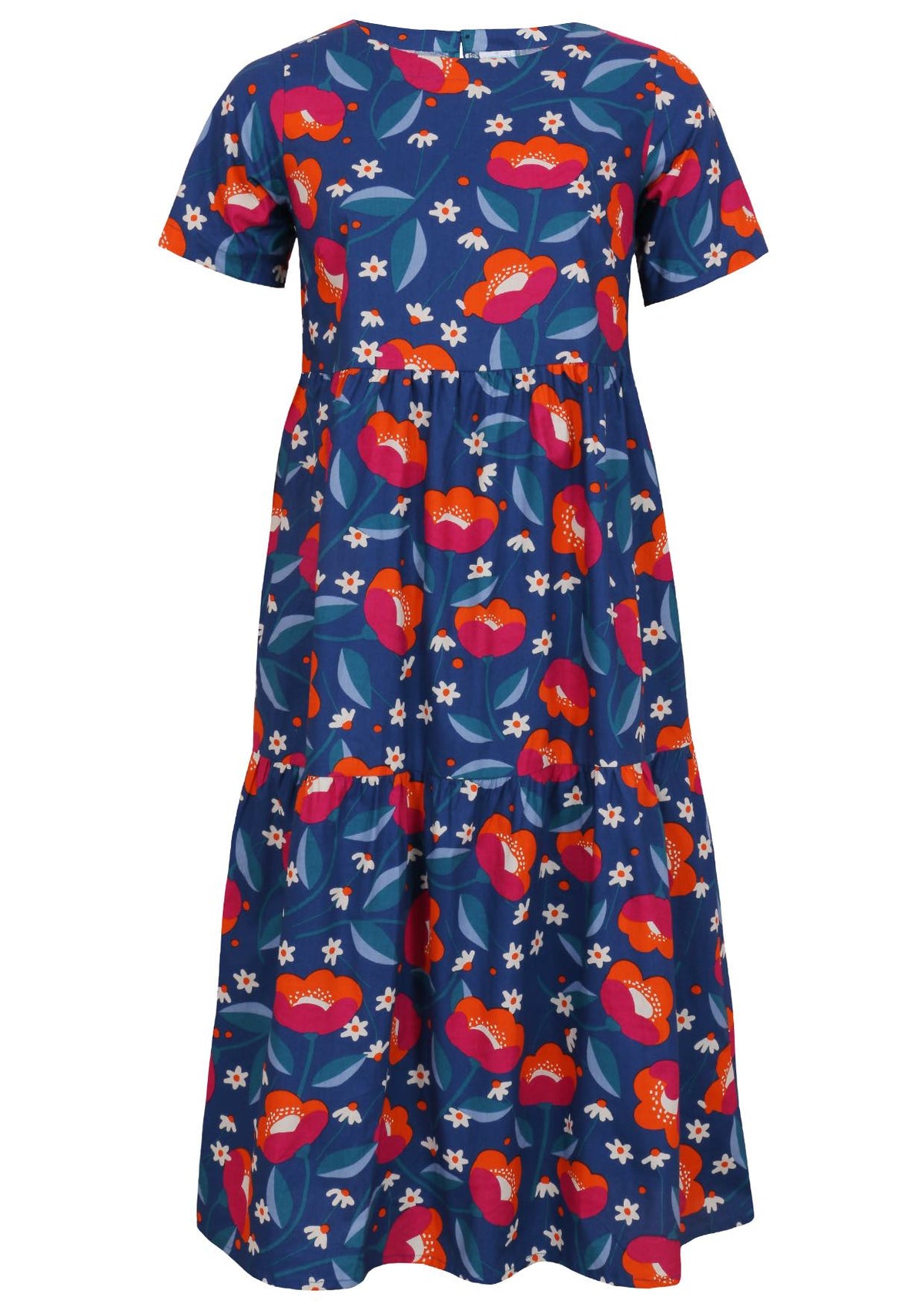 100% cotton midi length dress with short sleeves, high round neckline and three tiered skirt