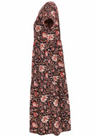 Black based traditional Indian floral print cotton dress with side pockets.