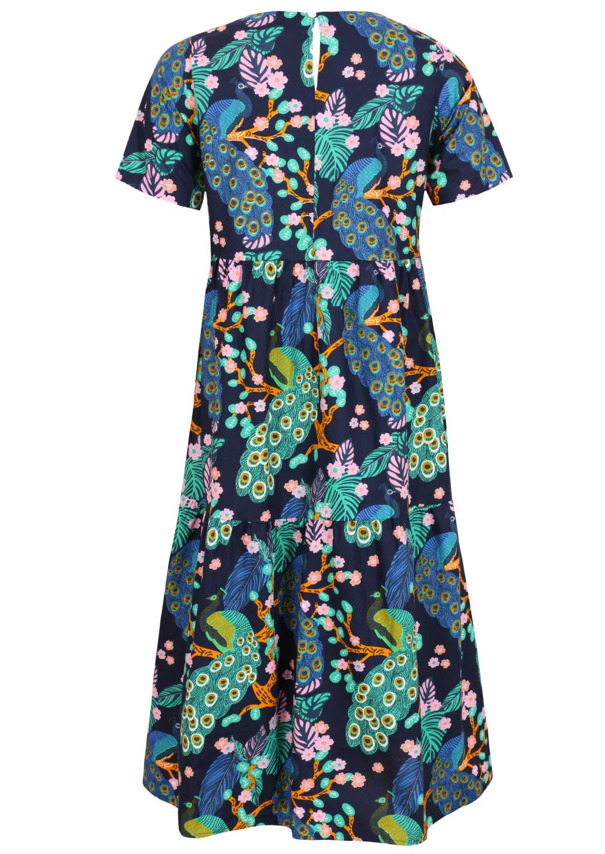 Cotton midi length dress with short sleeves, three tiered skirt and button closure at back of the neck