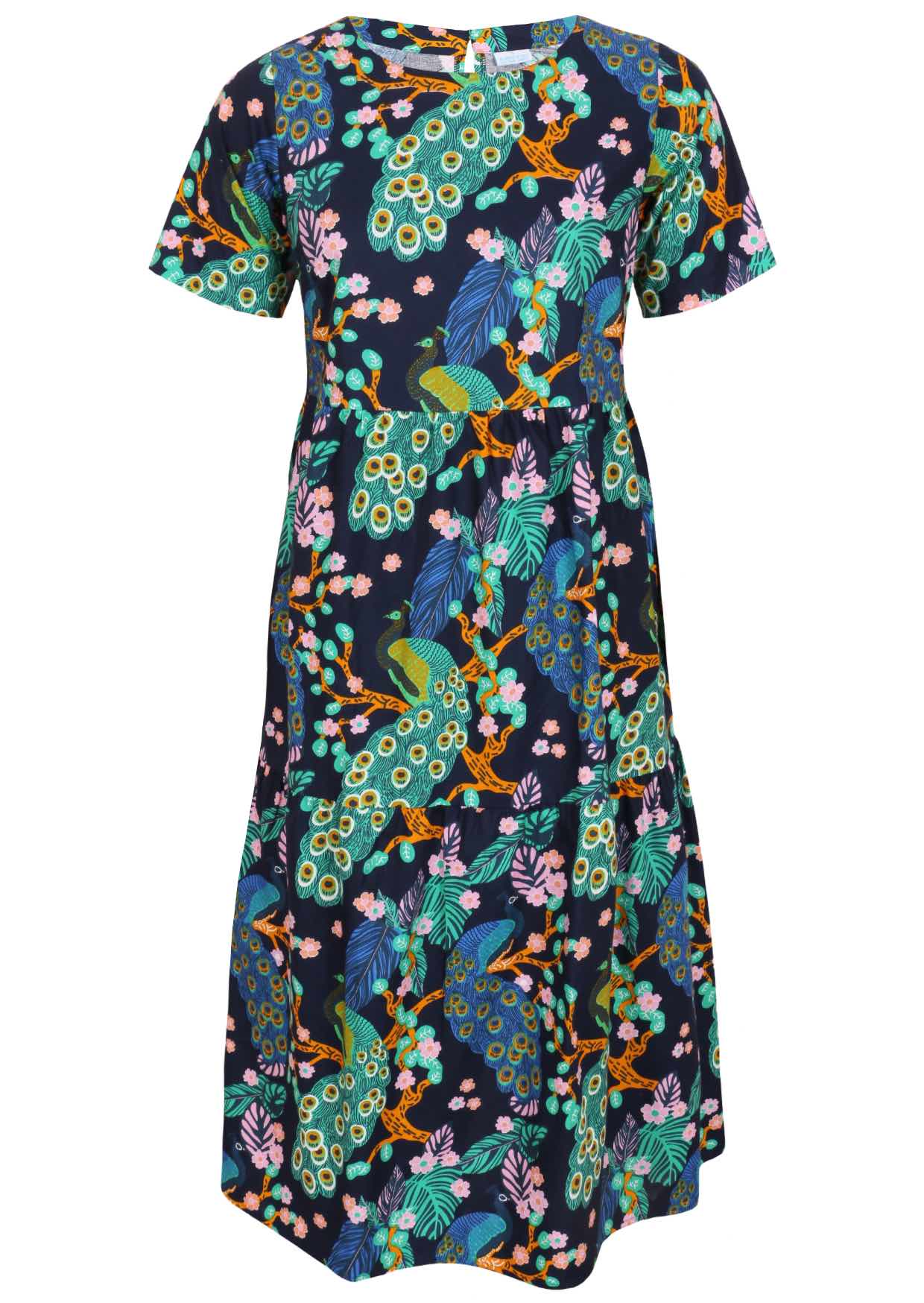 100% cotton midi length dress with short sleeves, high round neckline and three tiered skirt