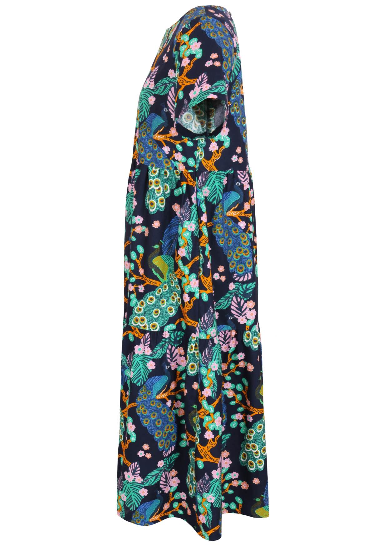 Side view of cotton short sleeved midi length dress with empire waist and tiered dress