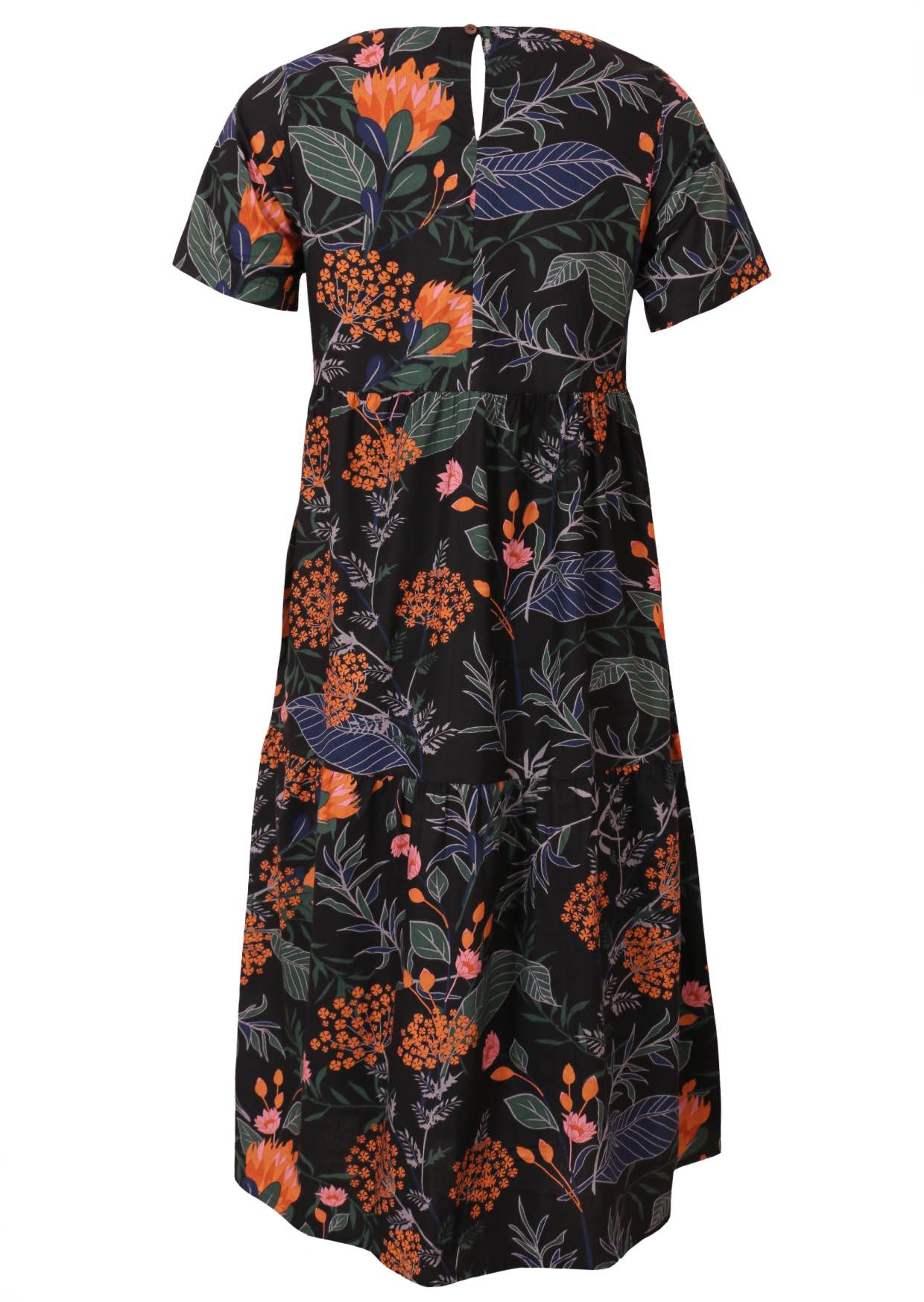 Cotton midi length dress with short sleeves, three tiered skirt and button closure at back of the neck