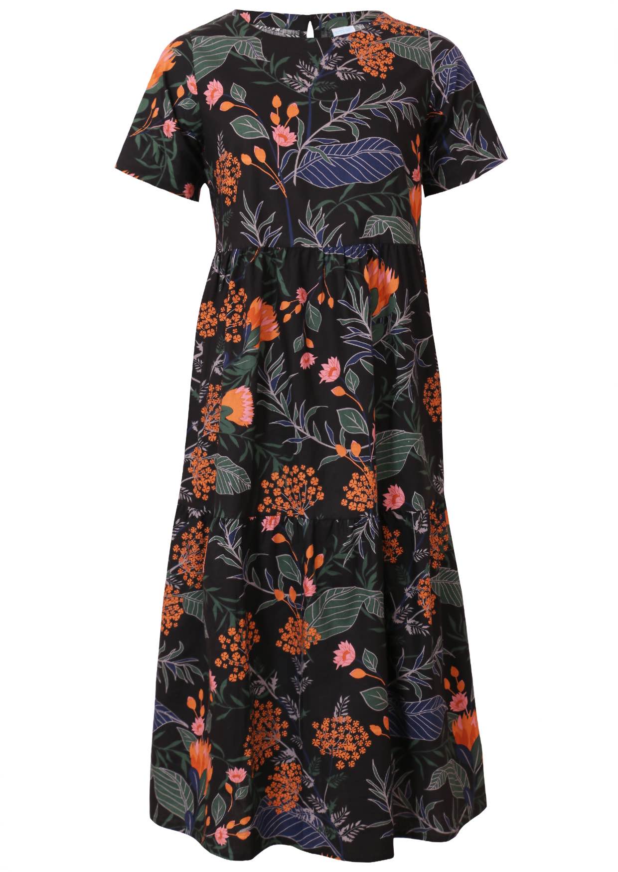 100% cotton midi length dress in black with short sleeves, high round neckline and three tiered skirt