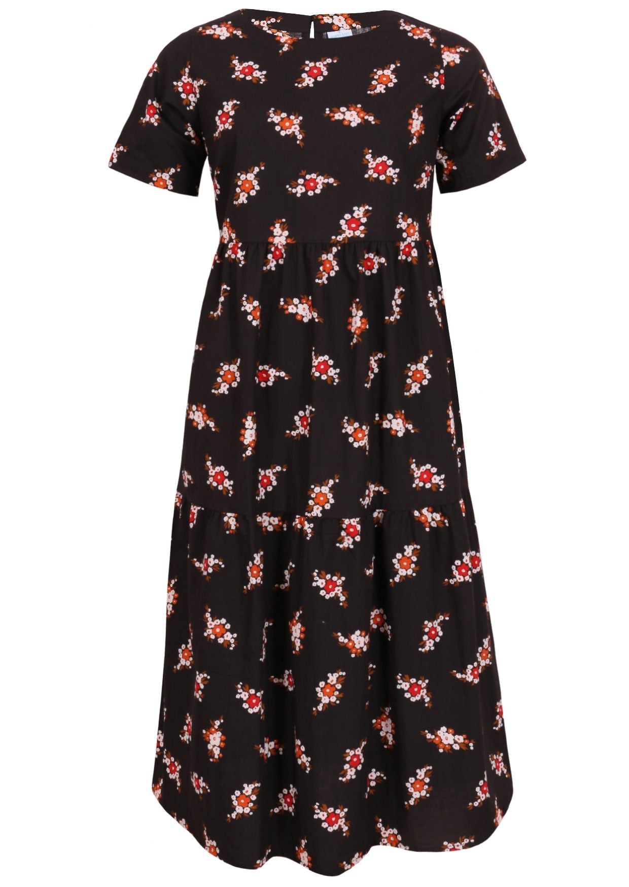 100% cotton midi length dress in black with short sleeves, high round neckline and three tiered skirt