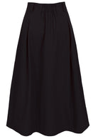 Back view of black cotton A-line skirt with elastic in the centre of the waistband and belt loops