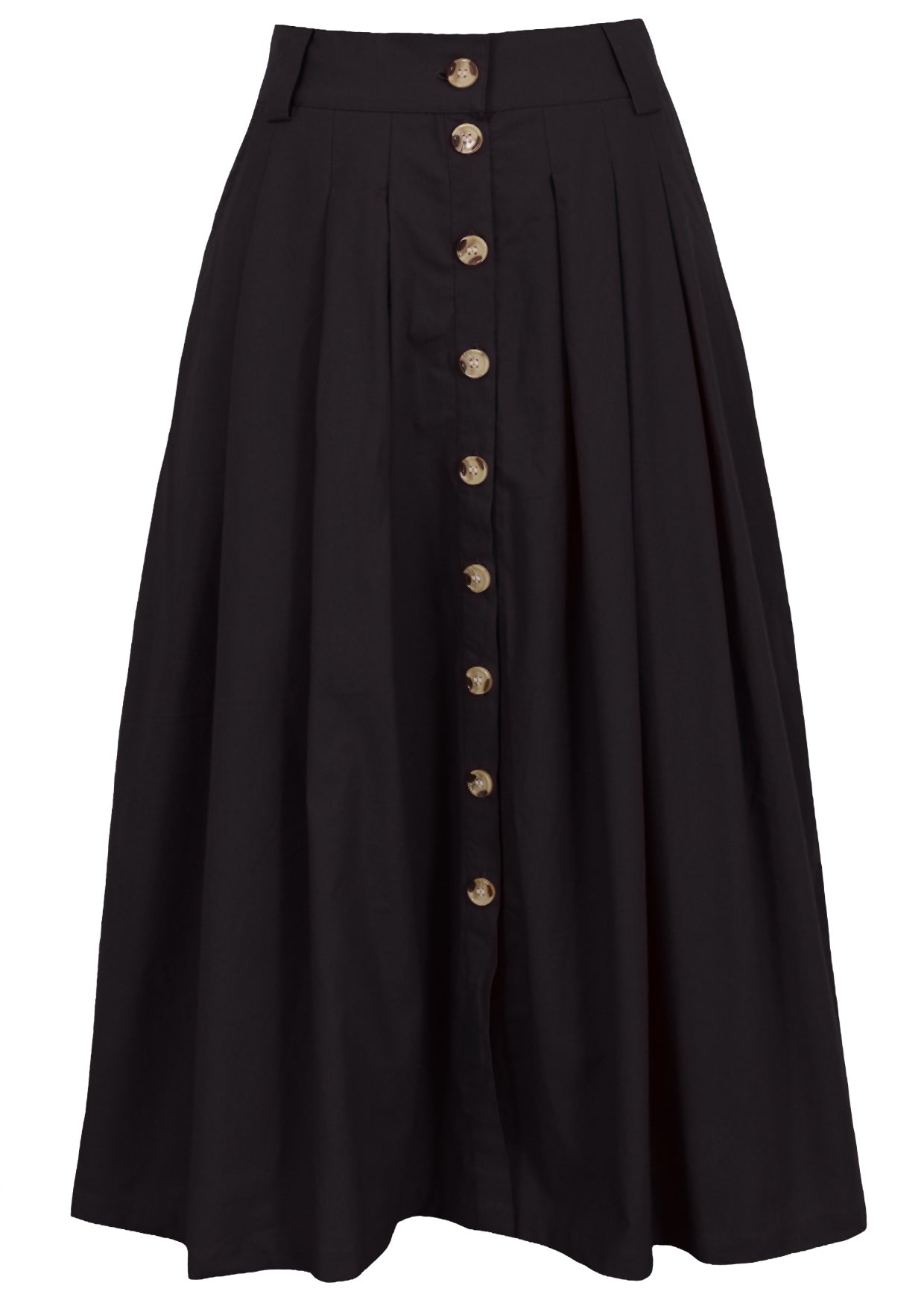 100% cotton plain black long button through skirt with box pleats, belt loops and pockets