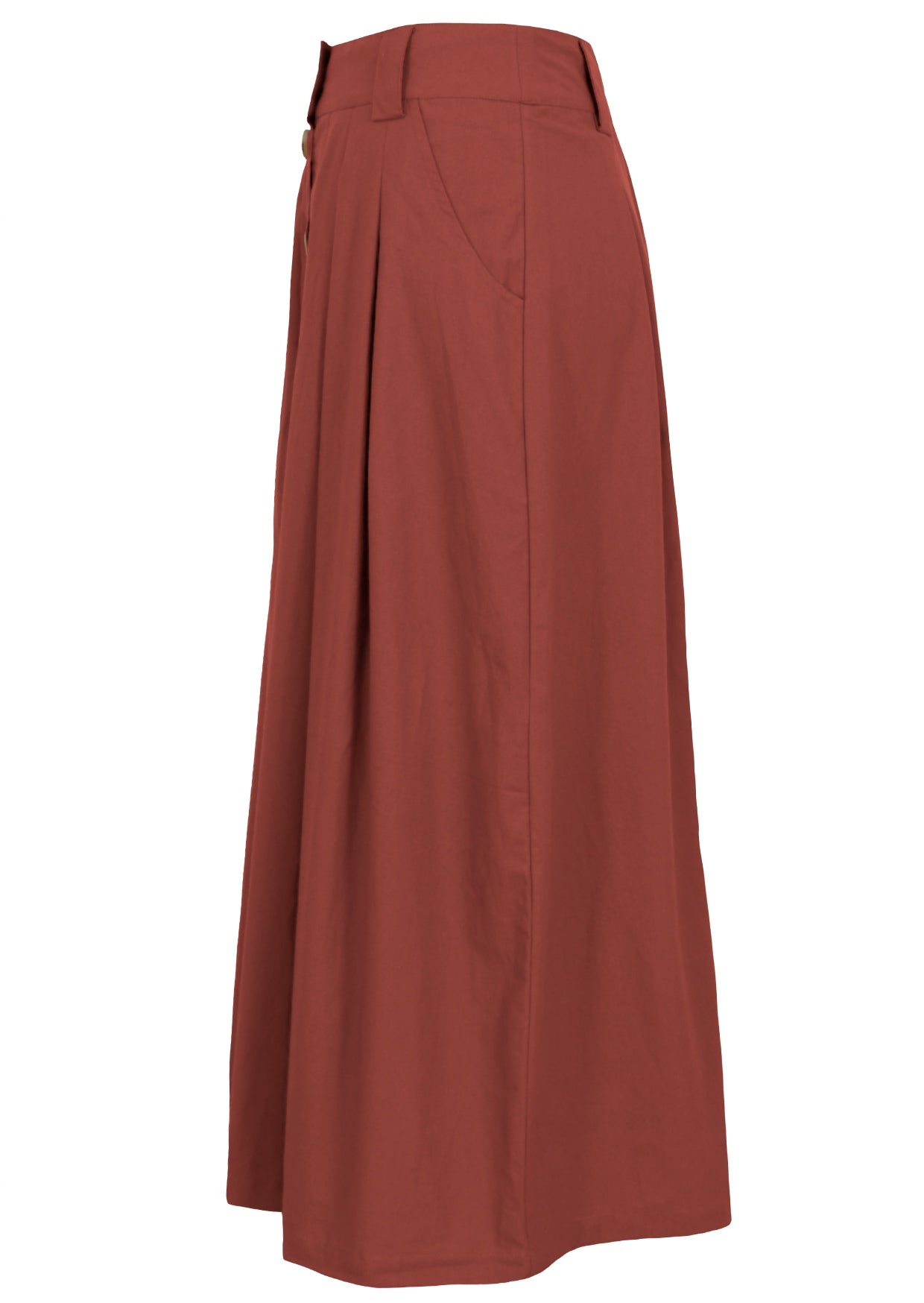 Side view of 100% cotton ankle length skirt with box pleats, pockets and belt loops 