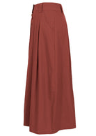 Side view of 100% cotton ankle length skirt with box pleats, pockets and belt loops 