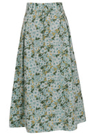 Floral printed knee length cotton skirt with belt loops and elastic at back of the waist