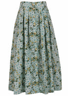 100% cotton knee length button through skirt with box pleats and belt loops in sage green based floral print