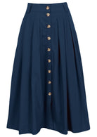 100% cotton long button through skirt in deep sea blue with belt loops, box pleats and pockets