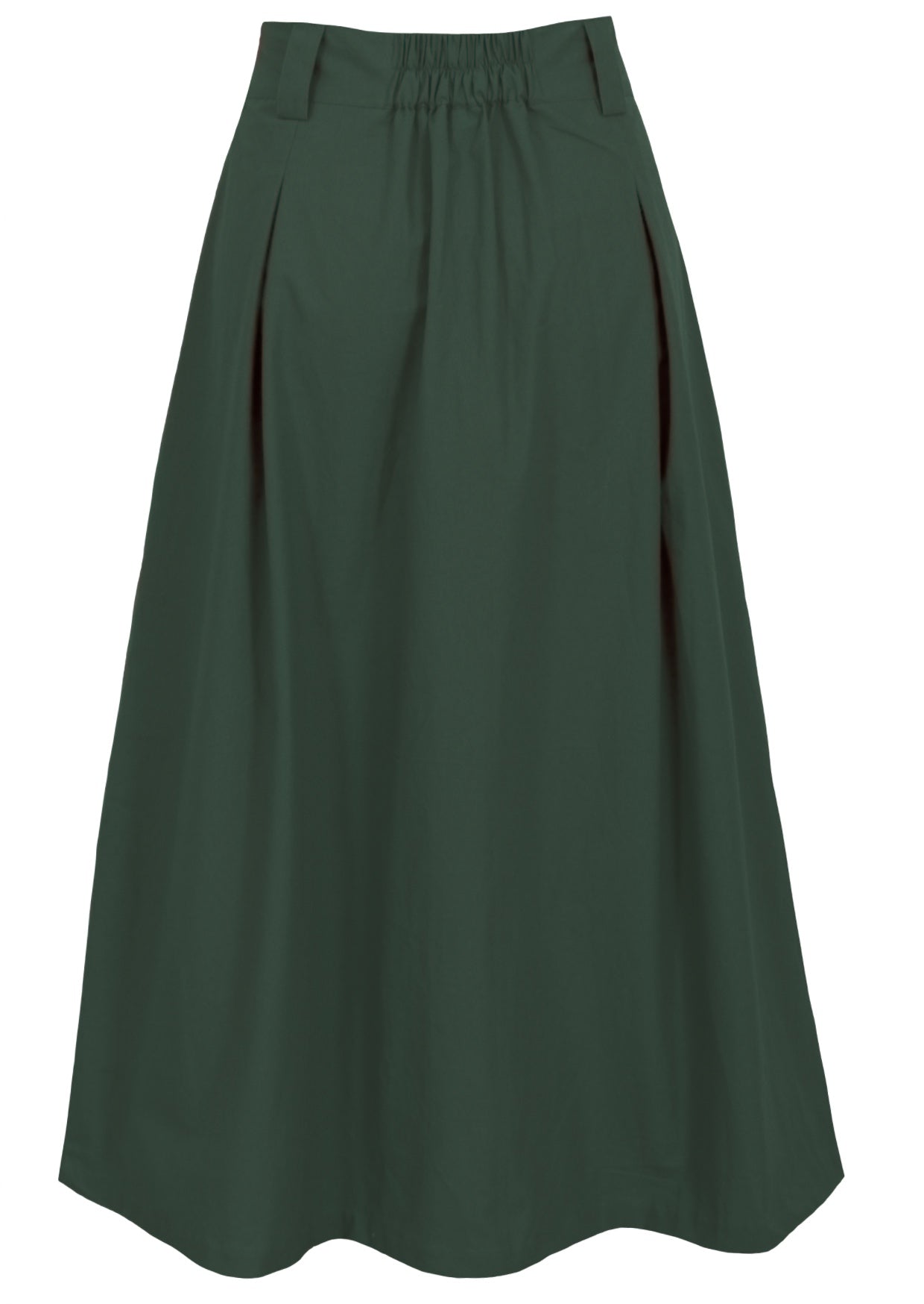 Green cotton maxi skirt with A line shape, button through front, elastic back waist and belt loops 