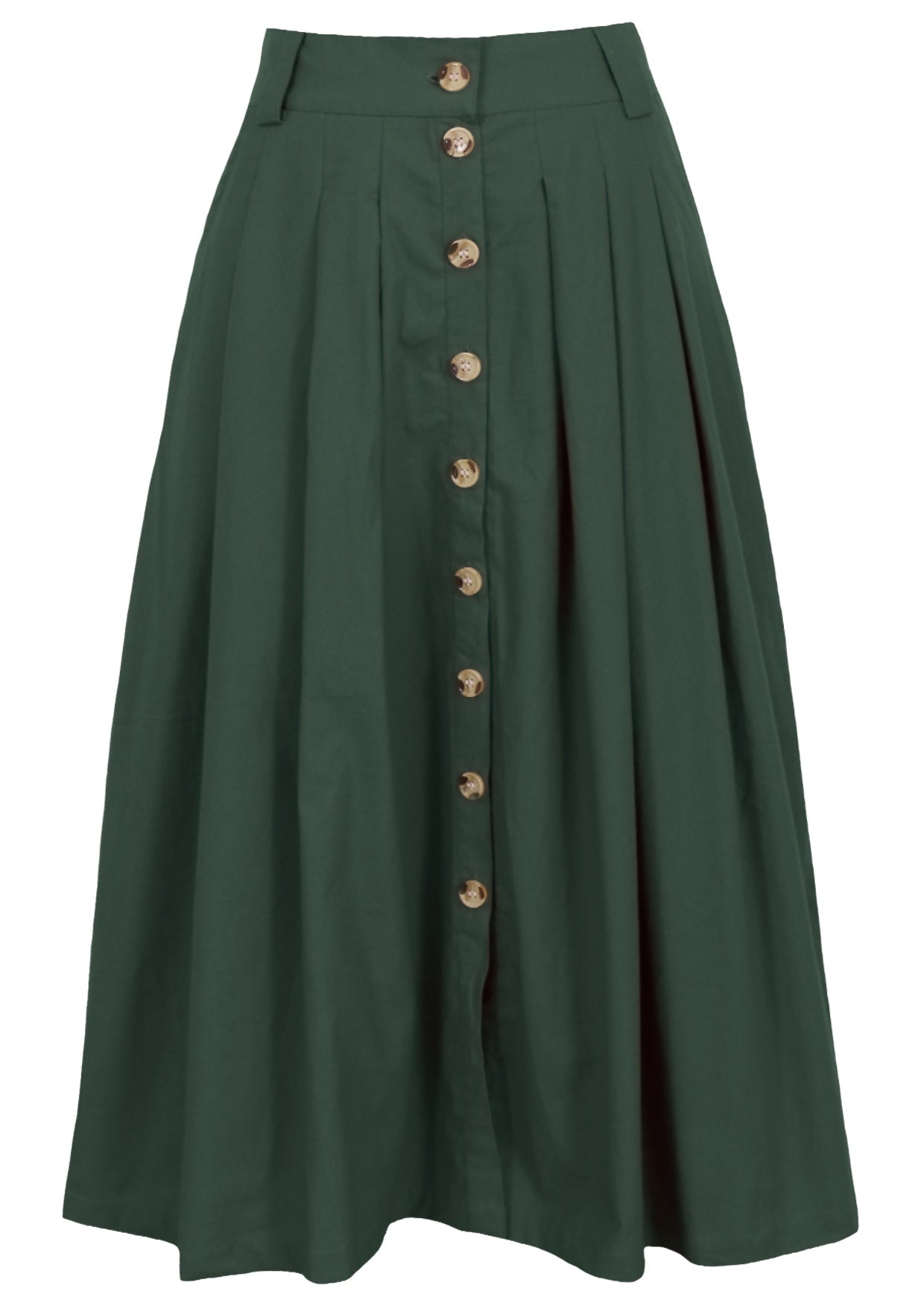 100% cotton button through A line skirt in jungle green with box pleats, belt loops and pockets