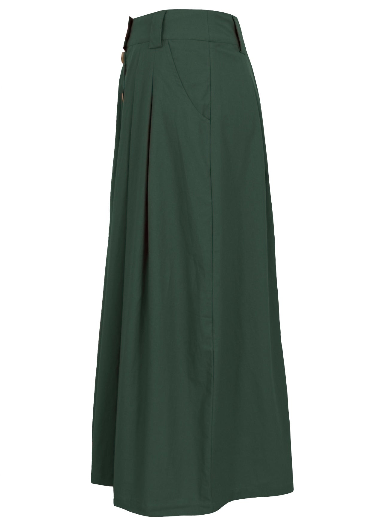 Side view of cotton tailored long skirt with button through front, side pockets and belt loops